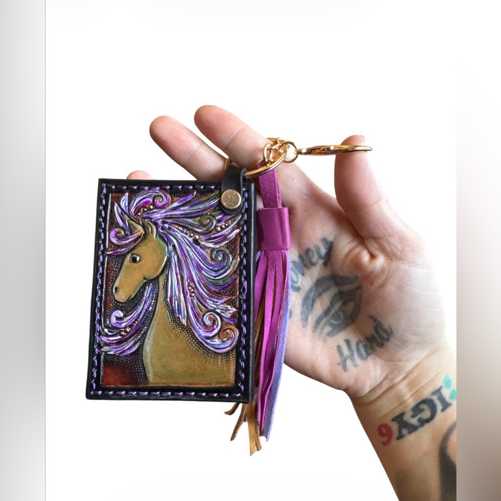 Artisan Handmade Western Southwest Leather Card Holder Unicorn Keychain Wallet